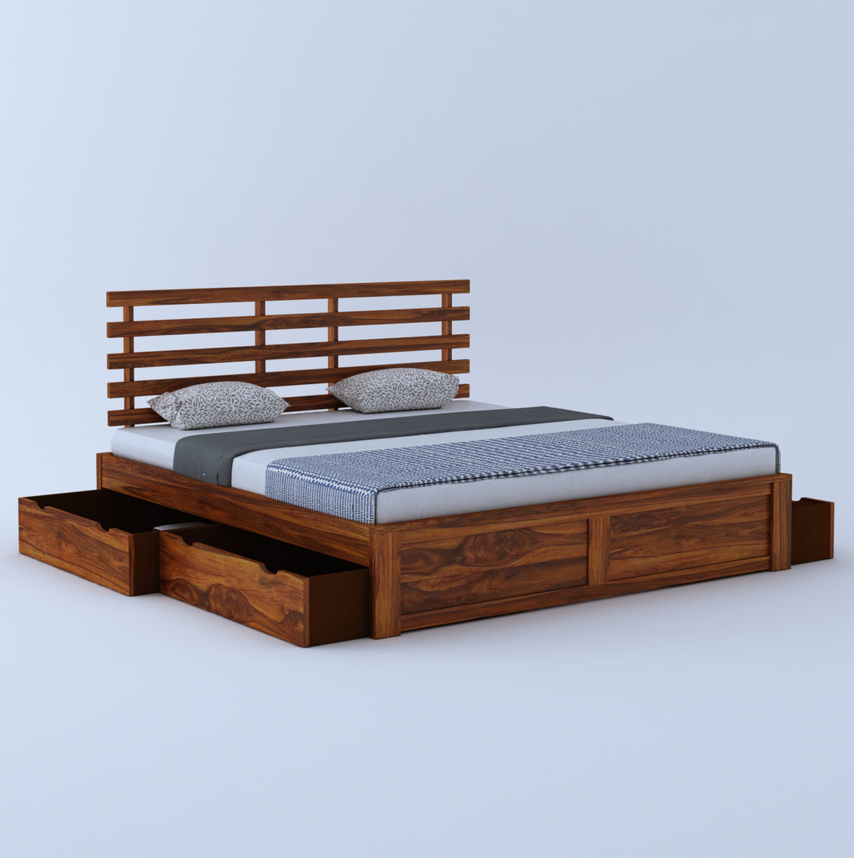 Strap Solid Sheesham Wood Bed With Four Drawer Storage - 3 Years Warranty