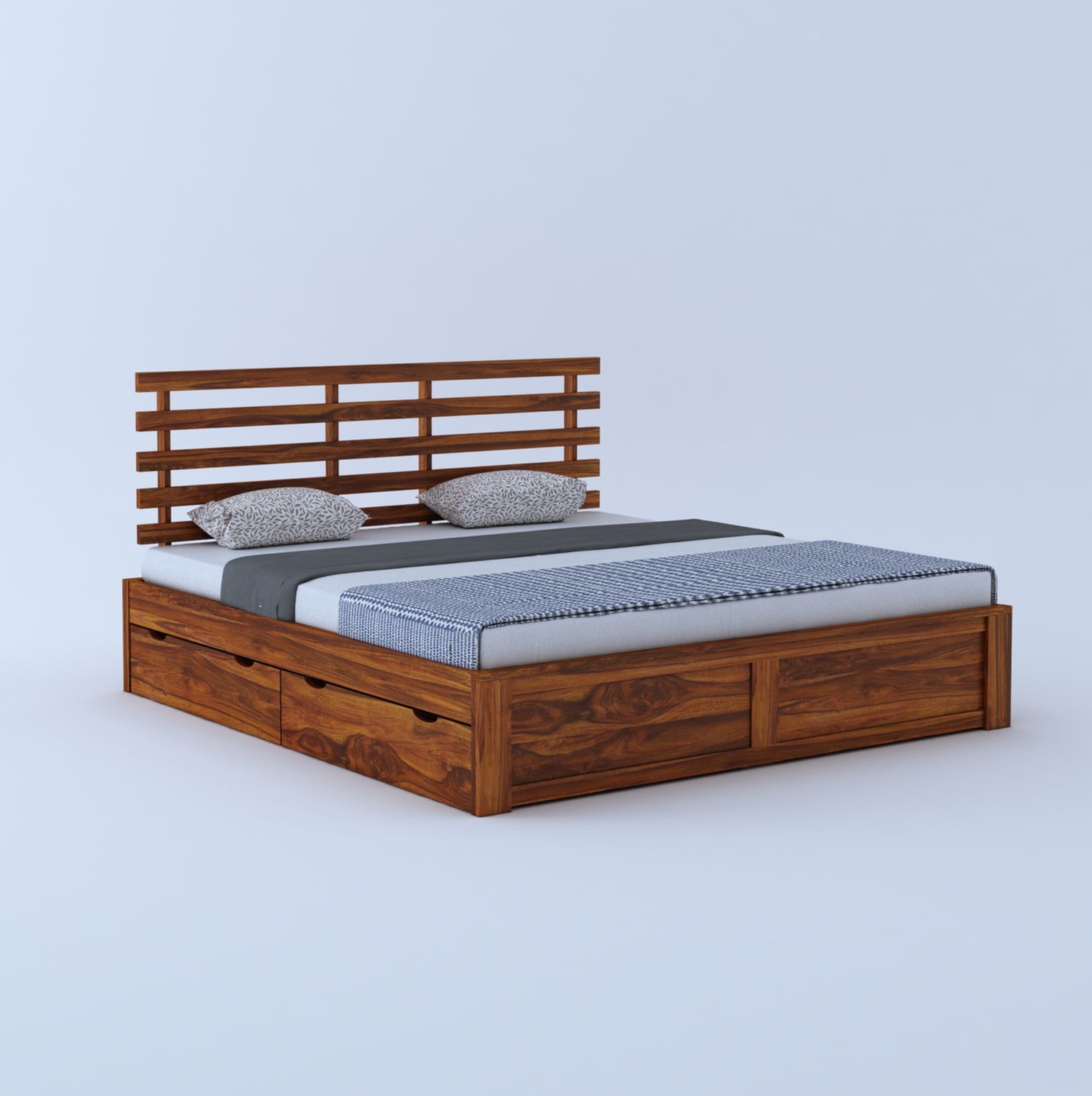Strap Solid Sheesham Wood Bed With Four Drawer Storage - 3 Years Warranty