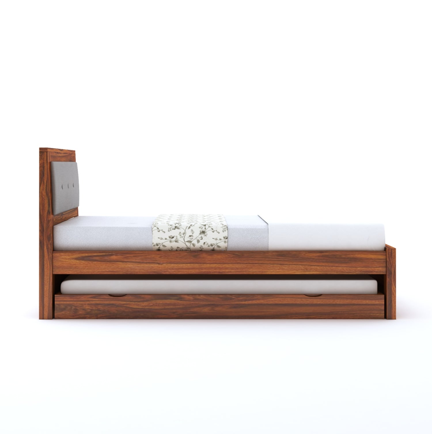 Euro Solid Sheesham Wood Single Trundle Bed With Upholstered Headboard - 3 Years Warranty