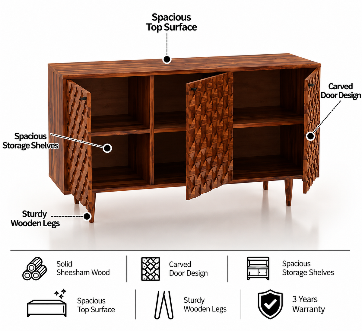 Raj Solid Sheesham Wood Sideboard Storage Unit - 3 Years Warranty