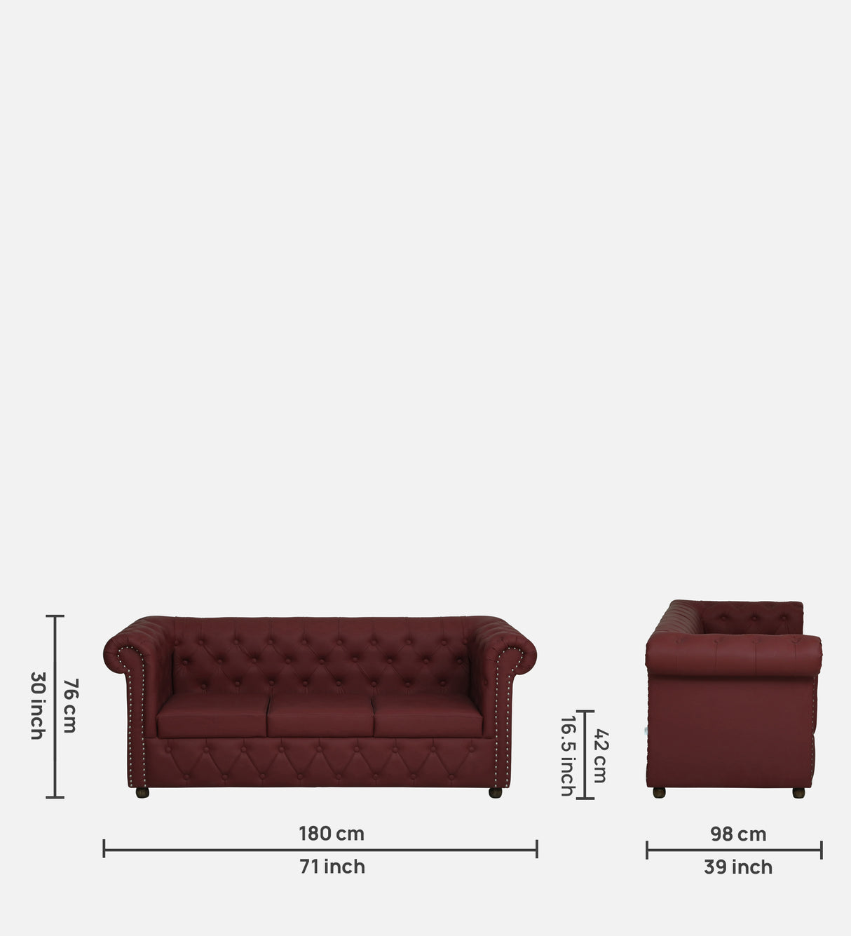 RAJ Three Seater Upholstered Sofa Leatherette - 12 Months Warranty - MAROON