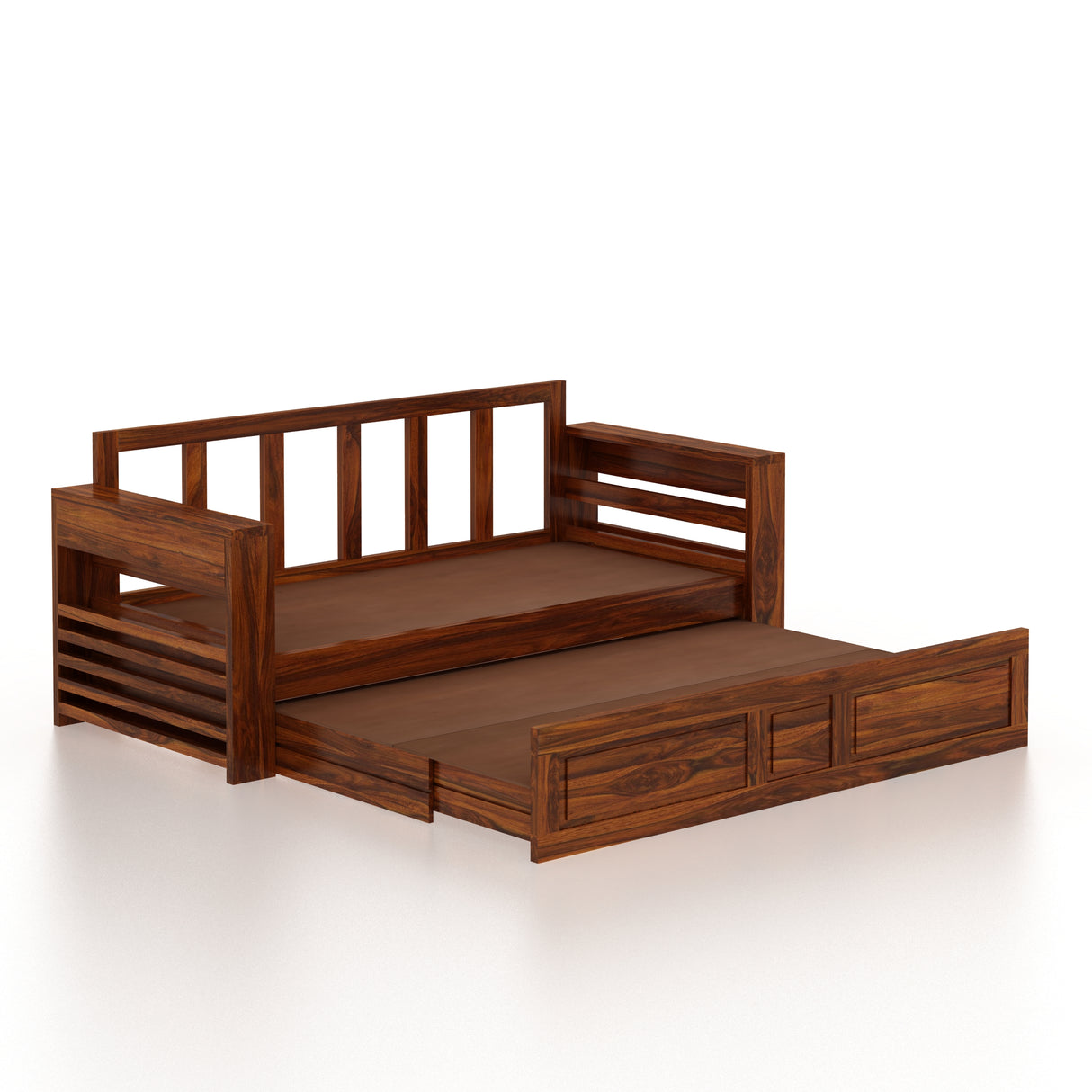 Lurid Solid Sheesham Wood 3 Seater Sofa Cum Bed Walnut with Side Pockets - 3 Years Warranty