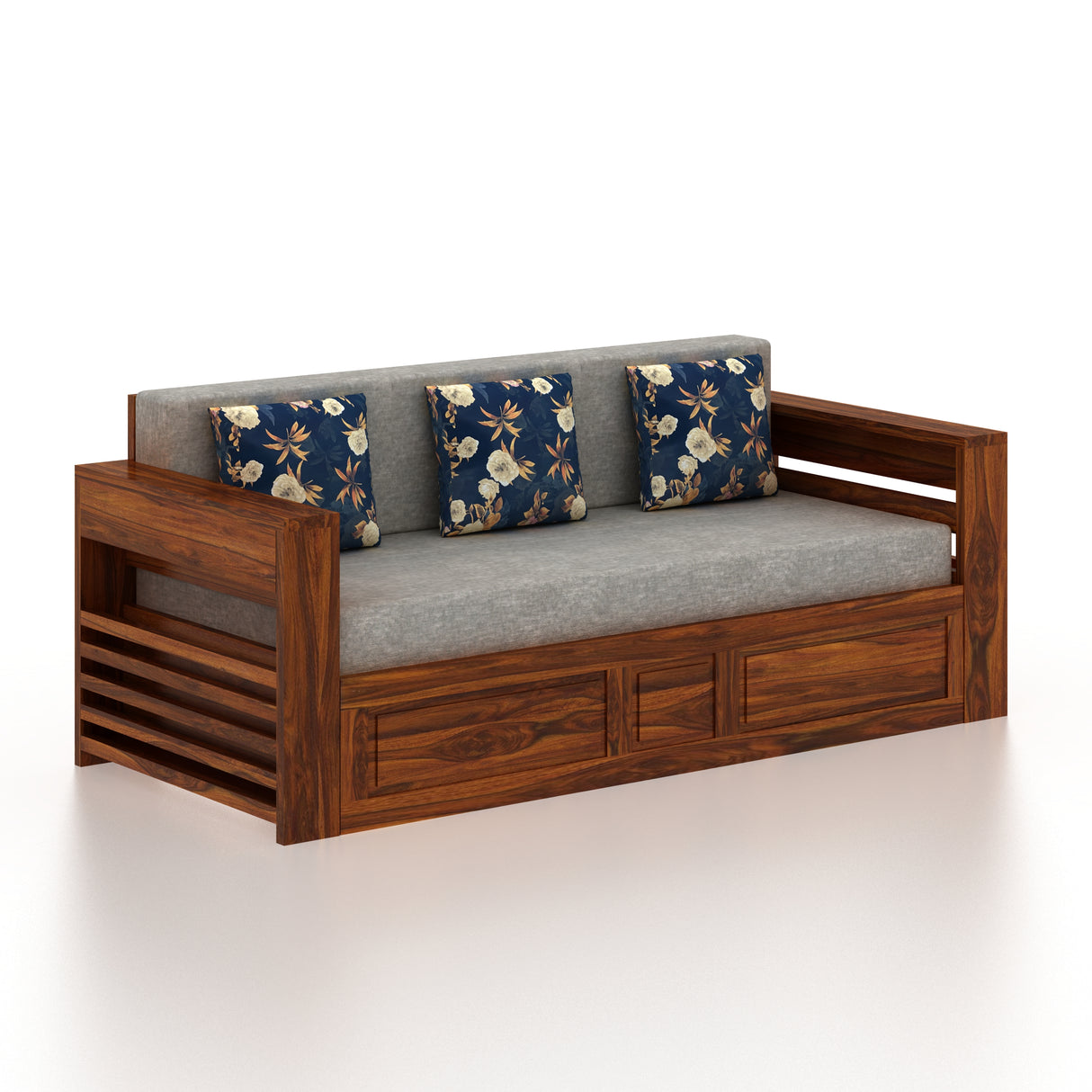 Lurid Solid Sheesham Wood 3 Seater Sofa Cum Bed Walnut with Side Pockets - 3 Years Warranty