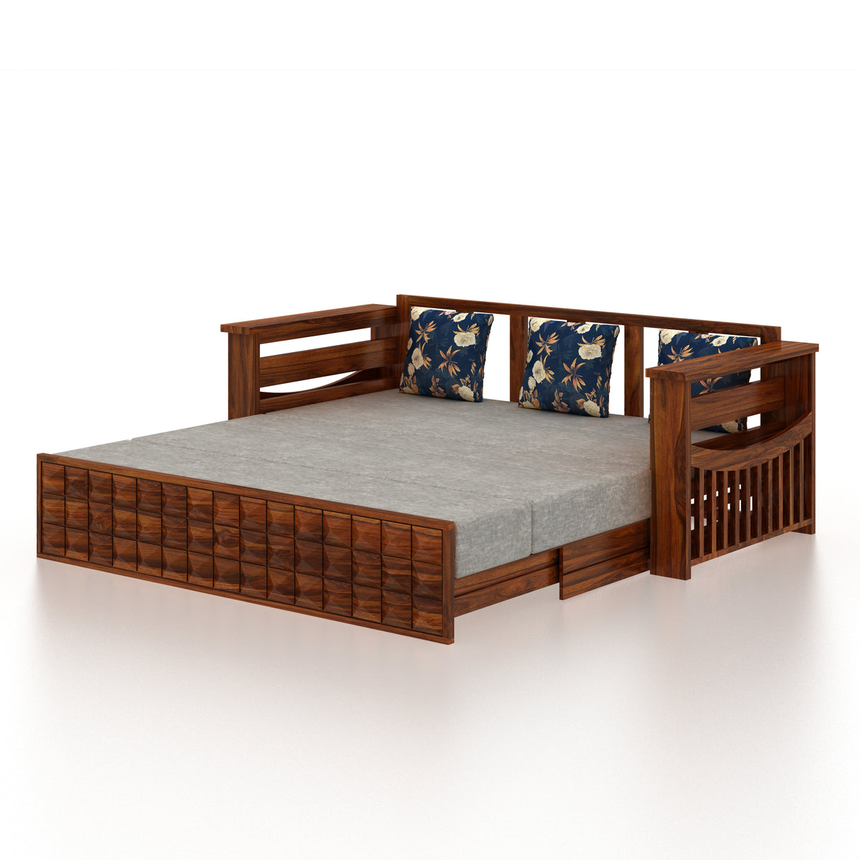 OSLO Solid Sheesham Wood 3 Seater Sofa Cum Bed With Mini Storage and Side Pockets - 3 Years Warranty