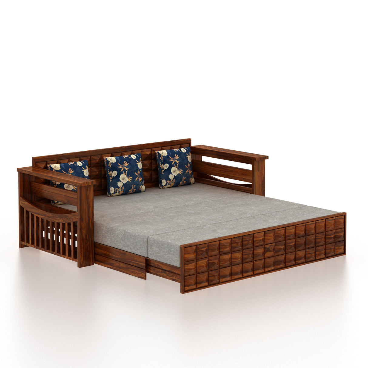OSLO Solid Sheesham Wood 3 Seater Sofa Cum Bed With Headboard and Mini Storage - 3 Years Warranty