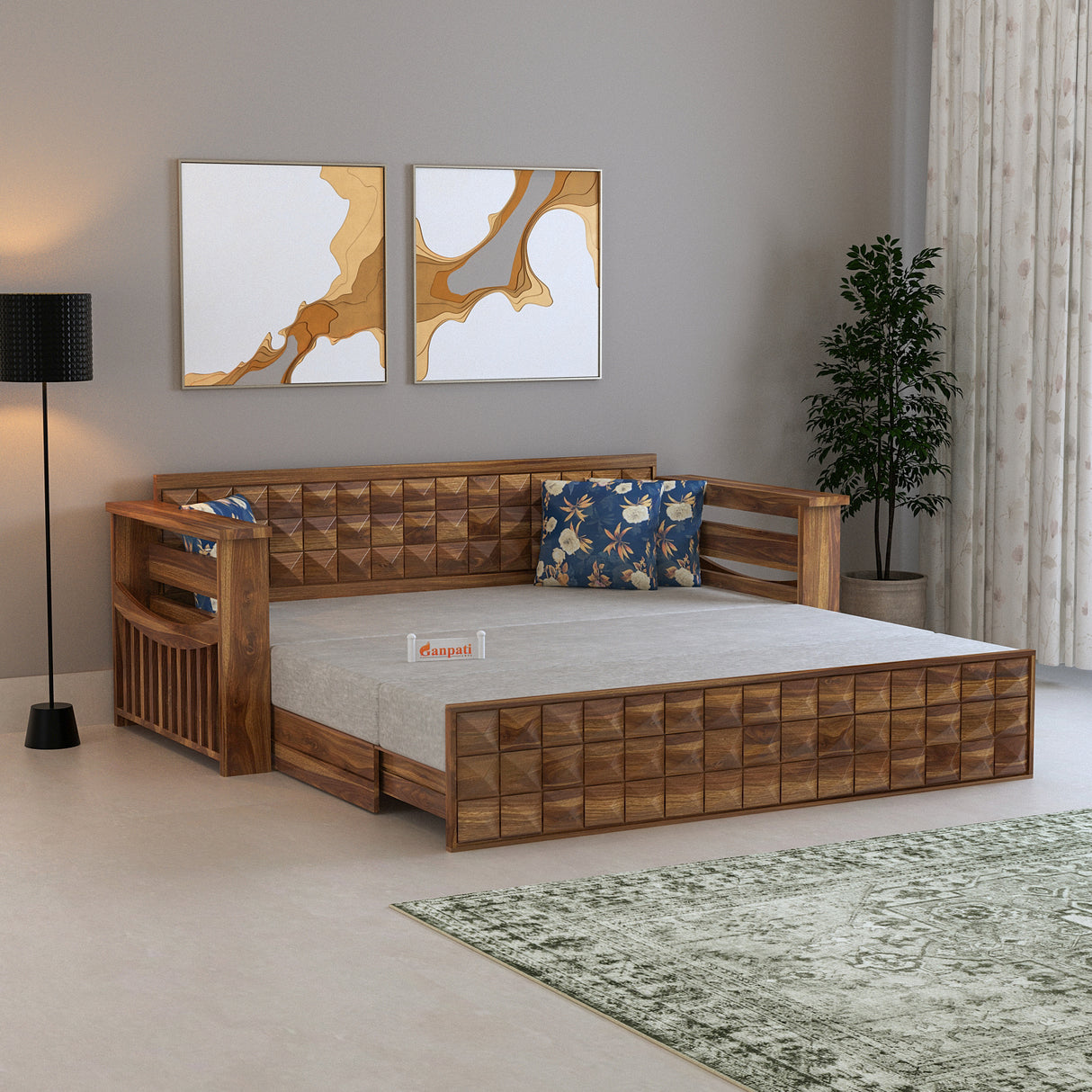 OSLO Solid Sheesham Wood 3 Seater Sofa Cum Bed With Headboard and Mini Storage - 3 Years Warranty