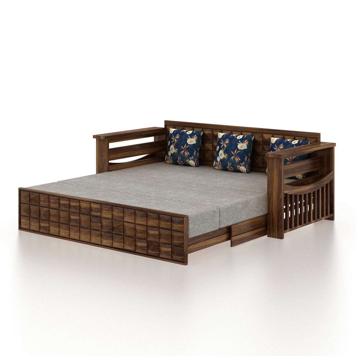 OSLO Solid Sheesham Wood 3 Seater Sofa Cum Bed With Headboard and Mini Storage - 3 Years Warranty