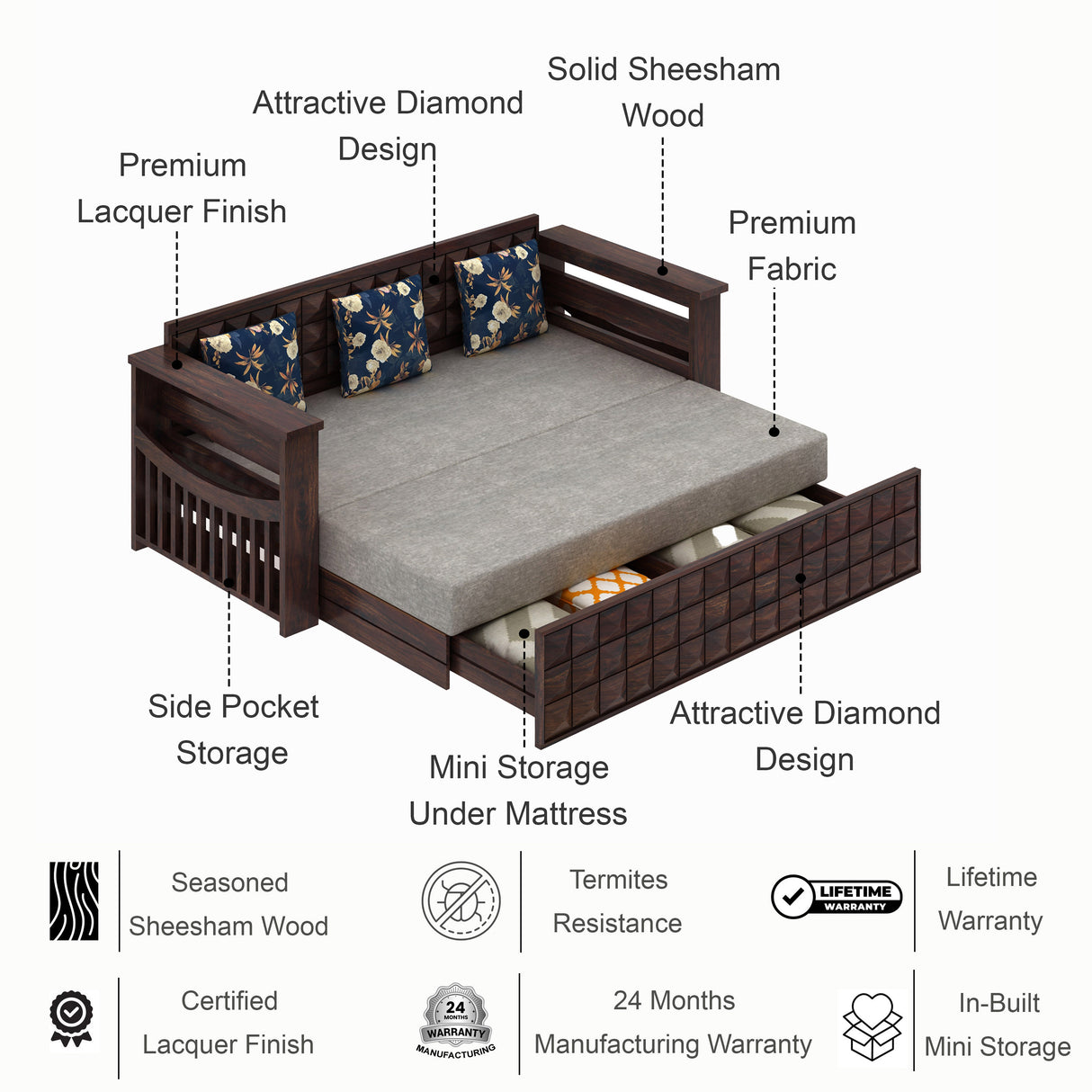 OSLO Solid Sheesham Wood 3 Seater Sofa Cum Bed With Headboard and Mini Storage - 3 Years Warranty