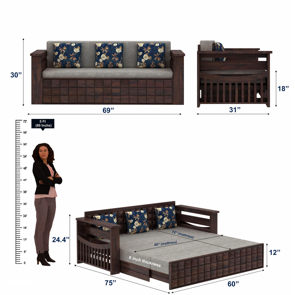 OSLO Solid Sheesham Wood 3 Seater Sofa Cum Bed With Headboard and Mini Storage - 3 Years Warranty