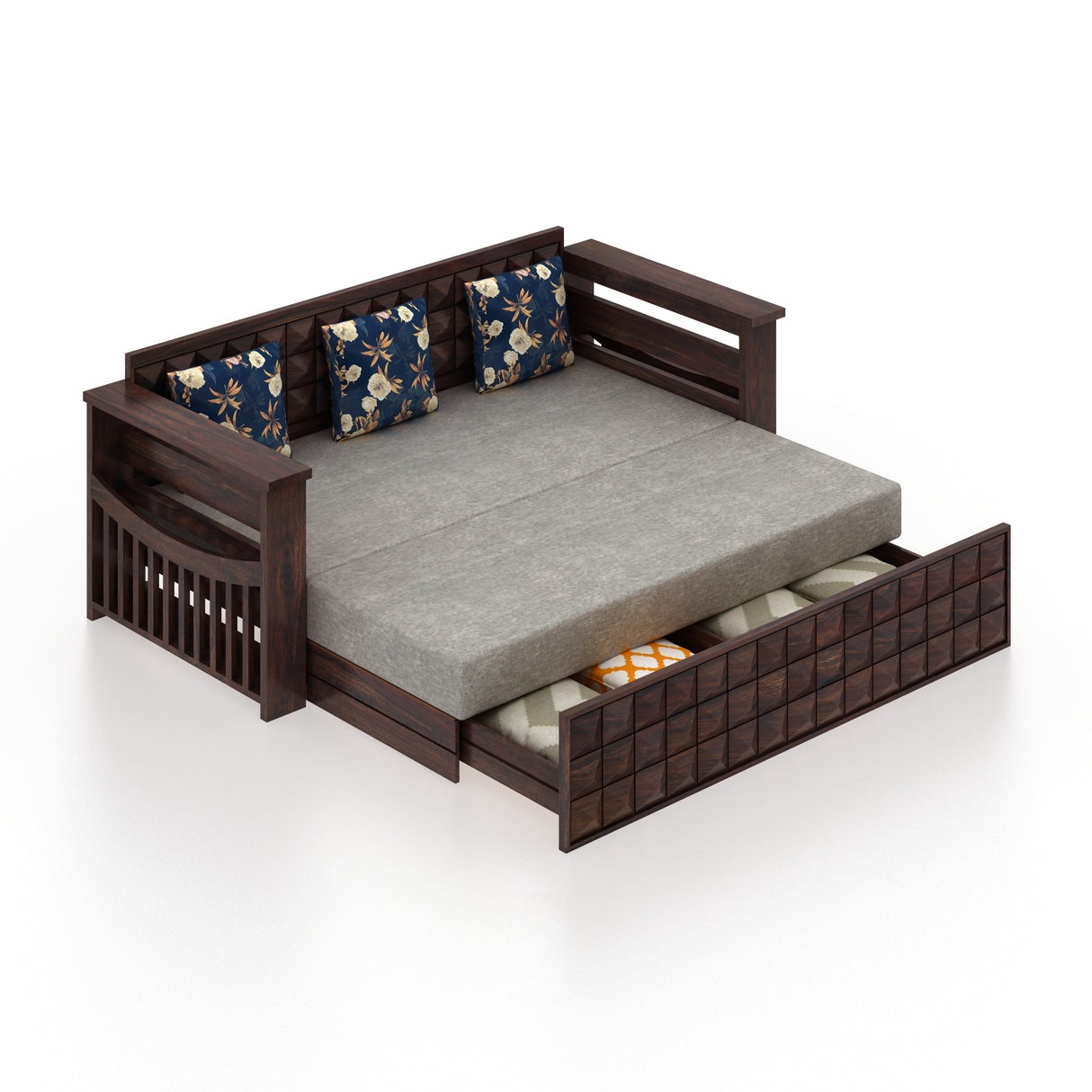 OSLO Solid Sheesham Wood 3 Seater Sofa Cum Bed With Headboard and Mini Storage - 3 Years Warranty