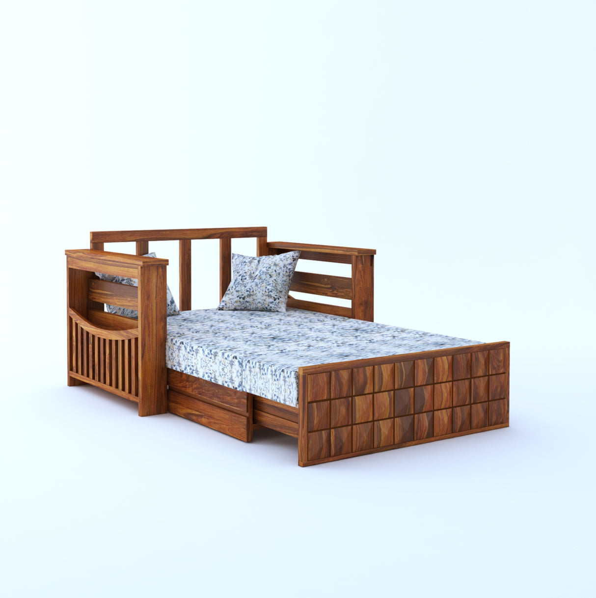 OSLO Solid Sheesham Wood 2 Seater Sofa Cum Bed With Side Pocket FLORAL - 3 Years Warranty