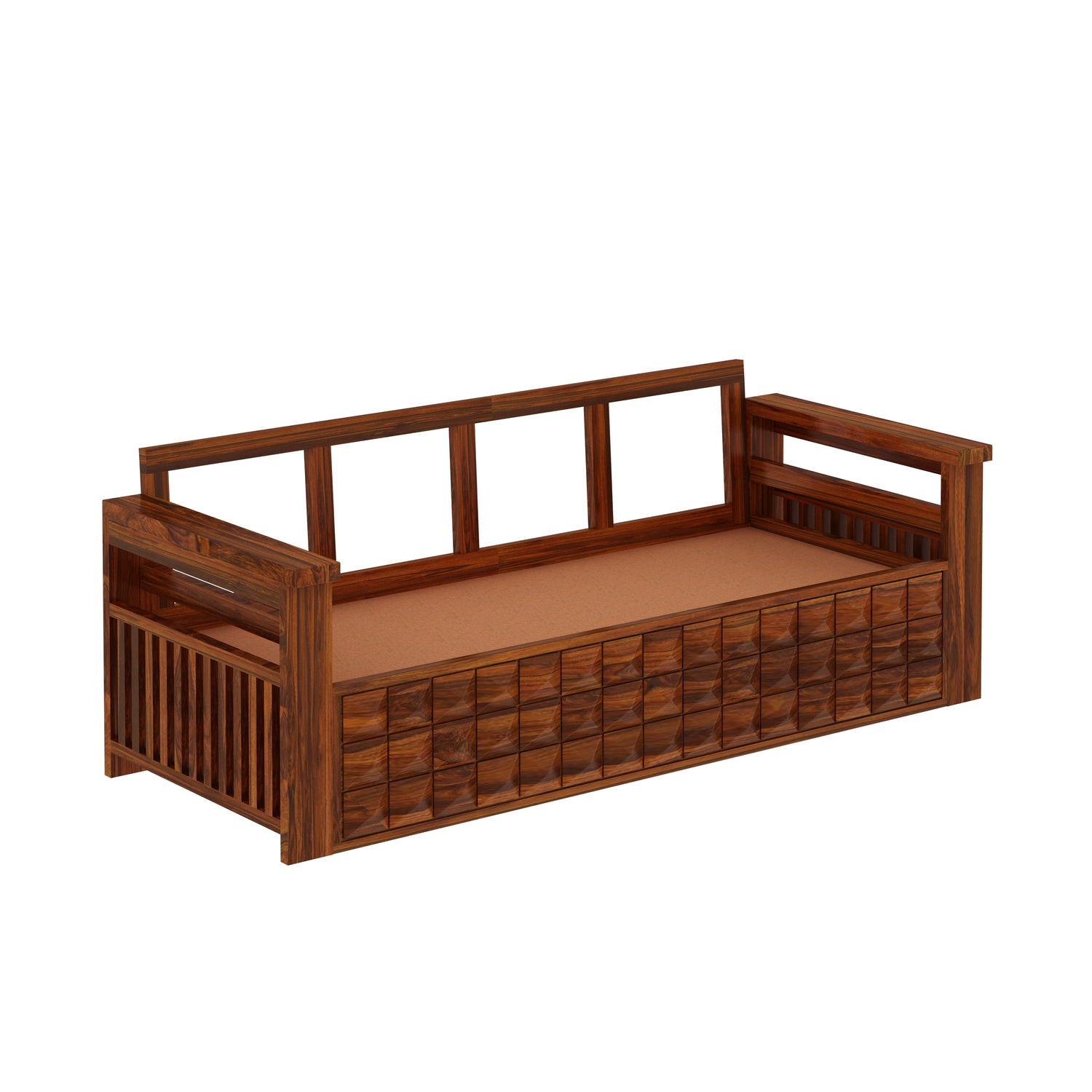 Oslo Solid Sheesham Wood 3 Seater Sofa With Side Pockets - 3 Years Warranty