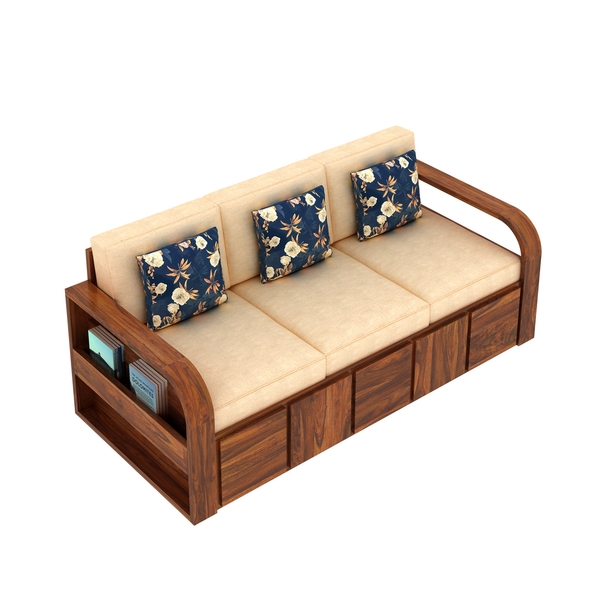 Scott Solid Sheesham Wood 3 Seater Sofa With Side Pockets - 3 years Warranty