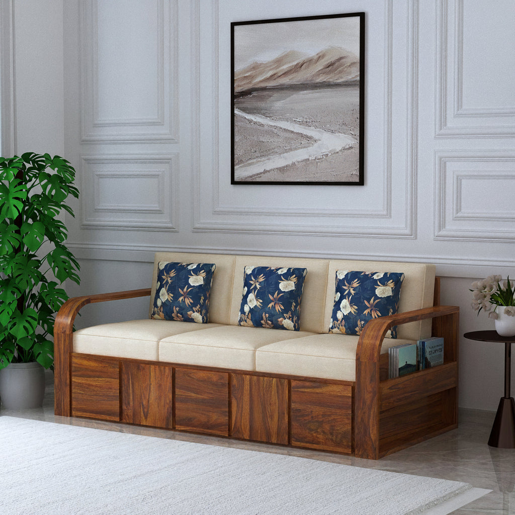 Scott Solid Sheesham Wood 3 Seater Sofa With Side Pockets - 3 years Warranty