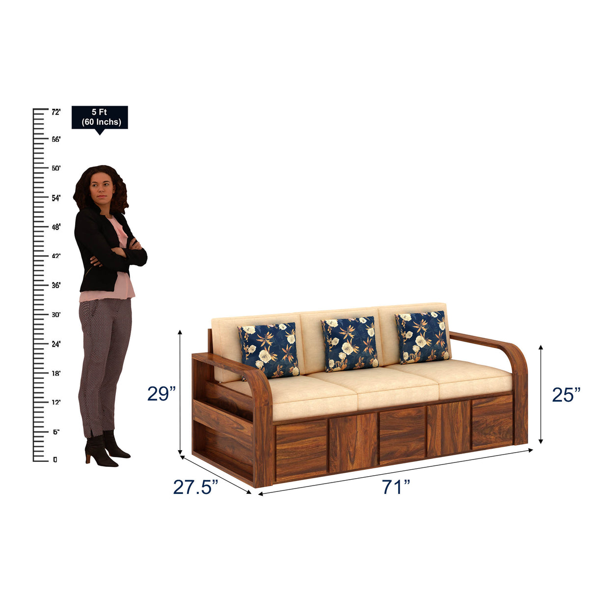 Scott Solid Sheesham Wood 3 Seater Sofa With Side Pockets - 3 years Warranty