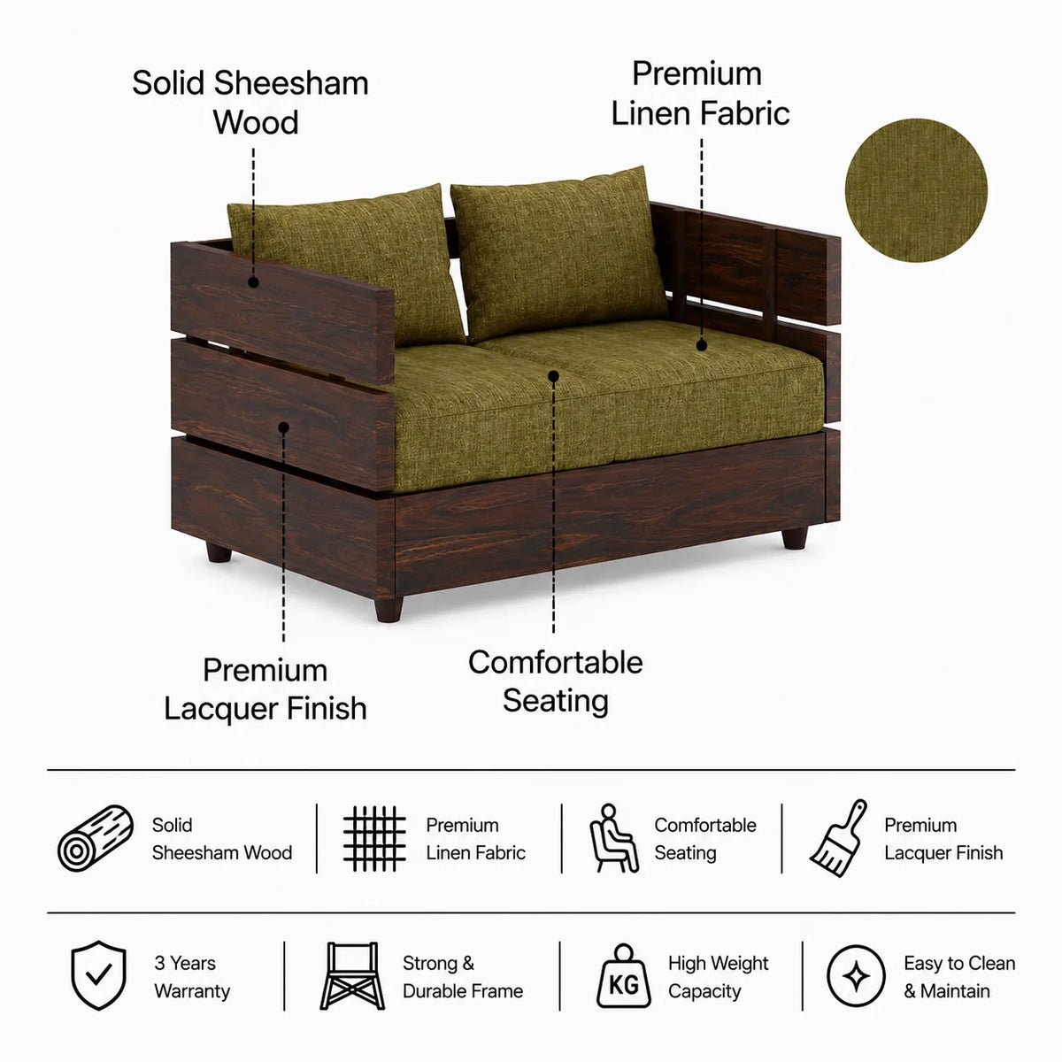 Cairo Solid Sheesham Wood 2 Seater Sofa - 3 Year Warranty (LUXE EDITION)
