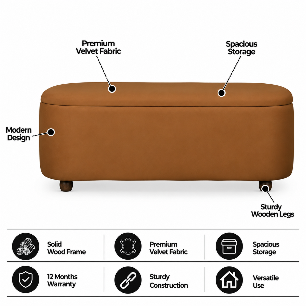 ROMAN Upholstered Ottoman Bench With Storage - 12 Months Warranty(Camel Brown)