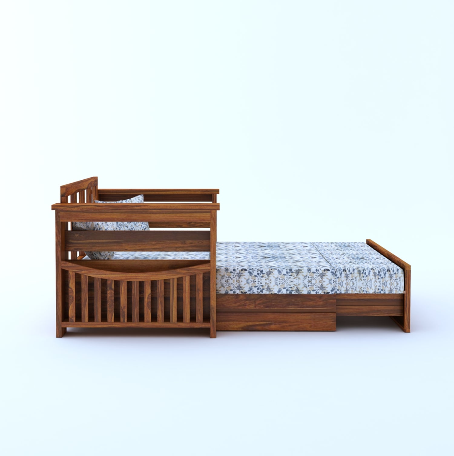 OSLO Solid Sheesham Wood 2 Seater Sofa Cum Bed With Side Pocket FLORAL - 3 Years Warranty