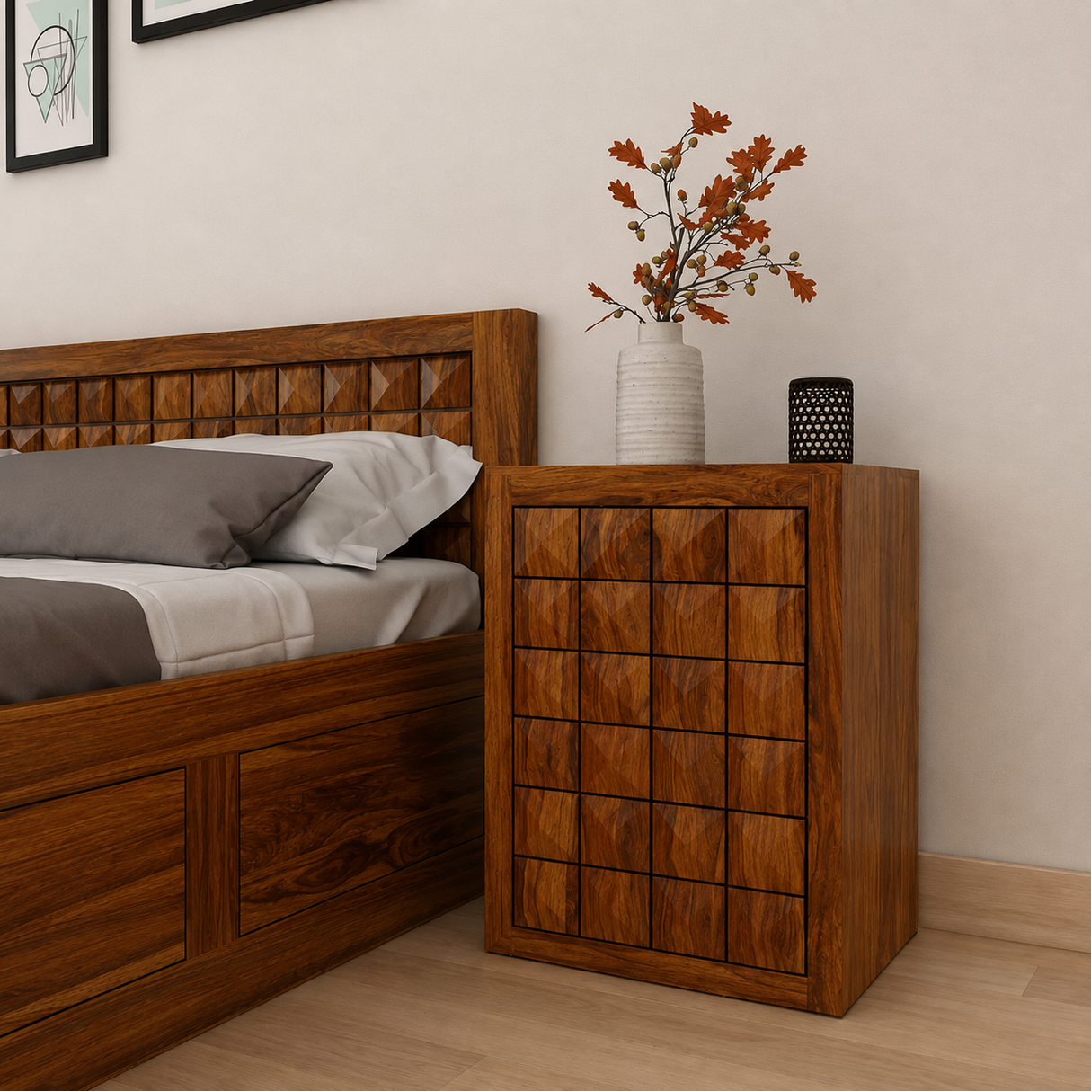 Oslo Solid Sheesham Wood Bedside With Drawer and Door Storage - 3 Years Warranty