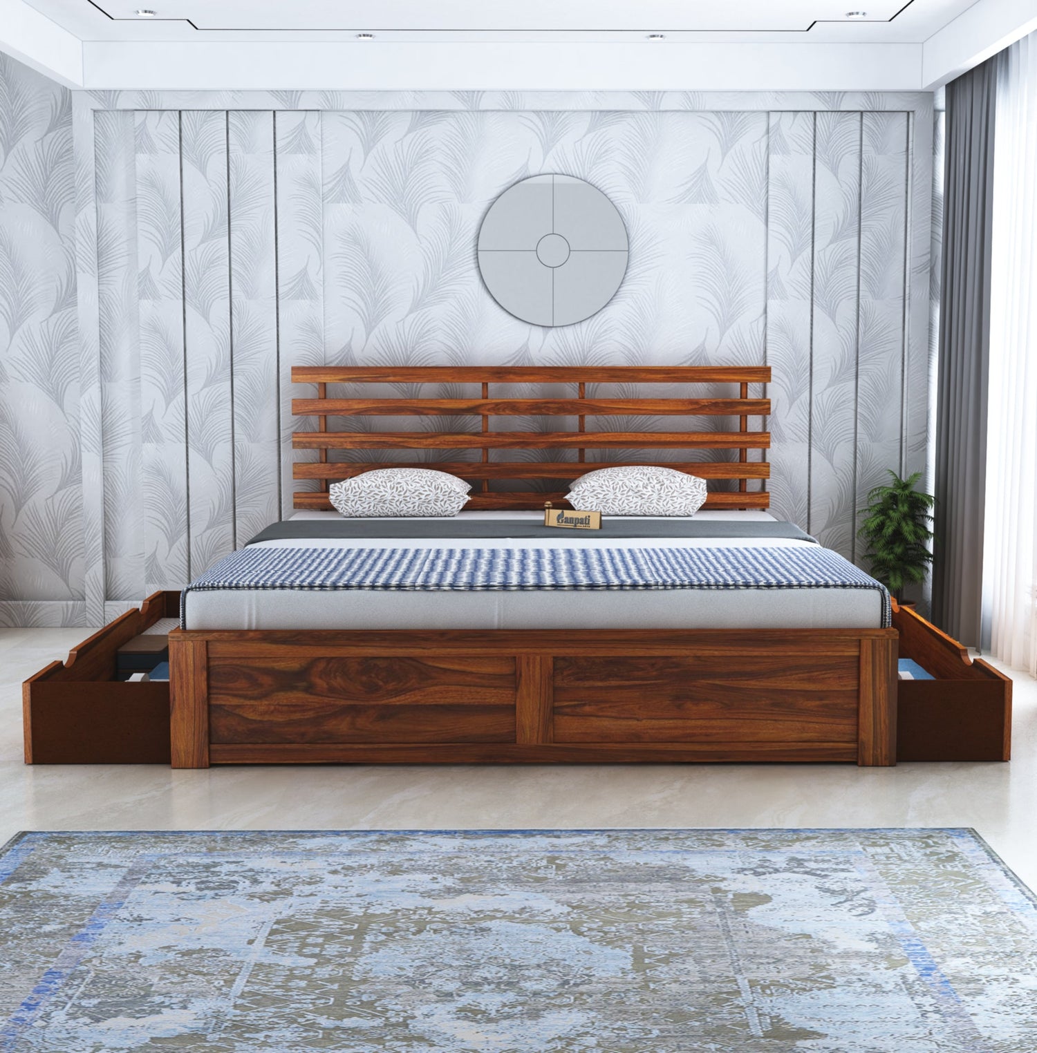 Strap Solid Sheesham Wood Bed With Two Drawer Storage - 3 Years Warranty
