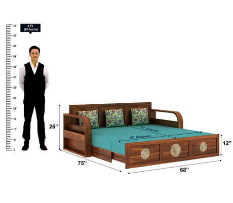 COSMOS Solid Sheesham Wood 3 Seater Sofa Cum Bed with Headboard Design - 1 Year Warranty