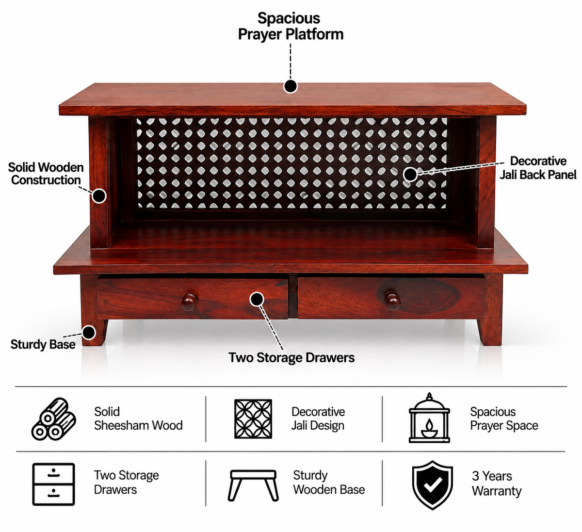 Jodhpur Solid Sheesham Wood Mandir/Temple - 3 Years Warranty