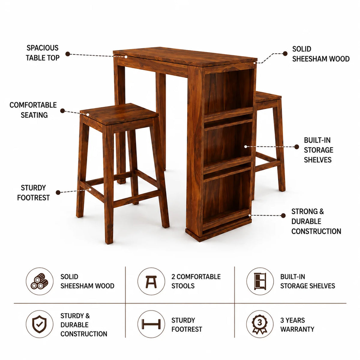 Foster Solid Sheesham Wood Bar Table With Two Stools - 3 Years Warranty