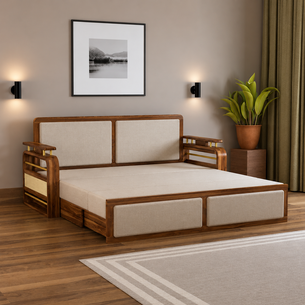EDIN Solid Sheesham Wood 3 Seater Sofa Cum Bed With Upholstered Headboard and Brass Detailing - 3 Years Warranty