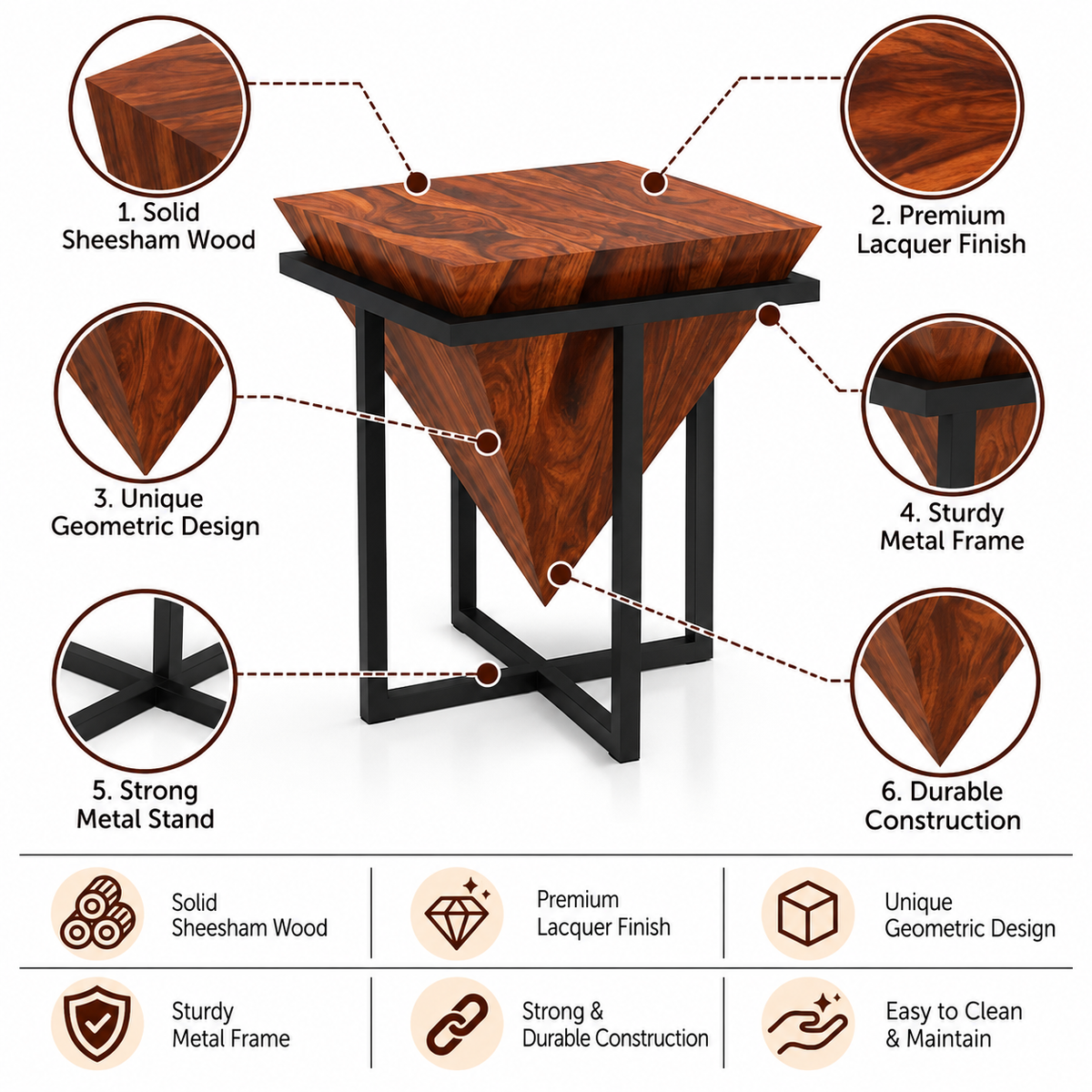 AURA Solid Sheesham Wood End Table - 3 Years Warranty