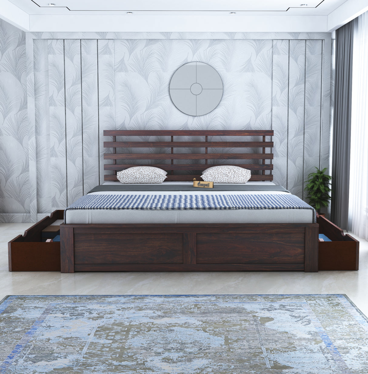 Strap Solid Sheesham Wood Bed With Two Drawer Storage - 3 Years Warranty