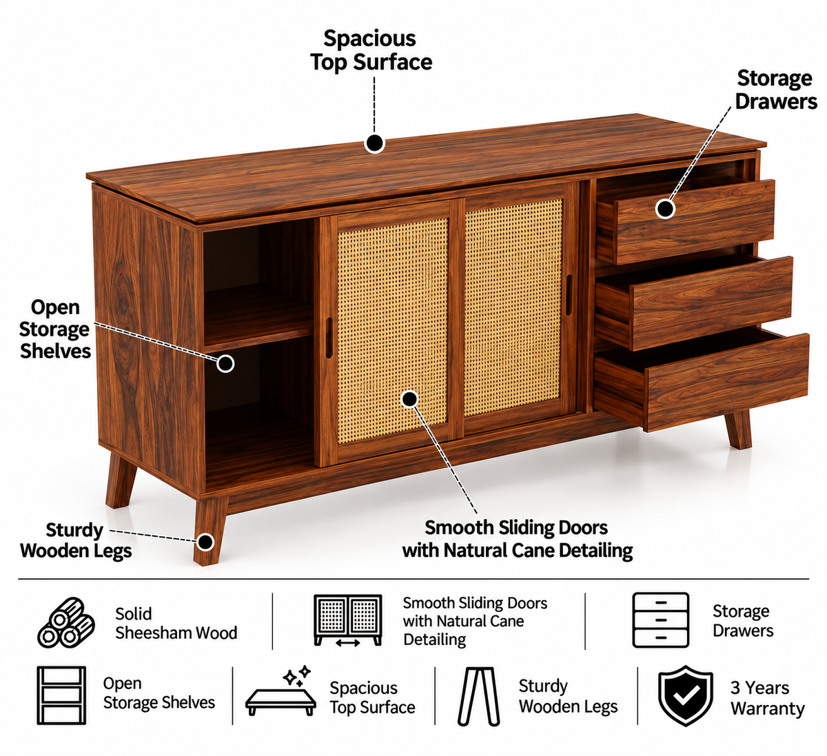 Cosmos Sliding Door CANE Sideboard in Solid Sheesham Wood - 3 Years Warranty