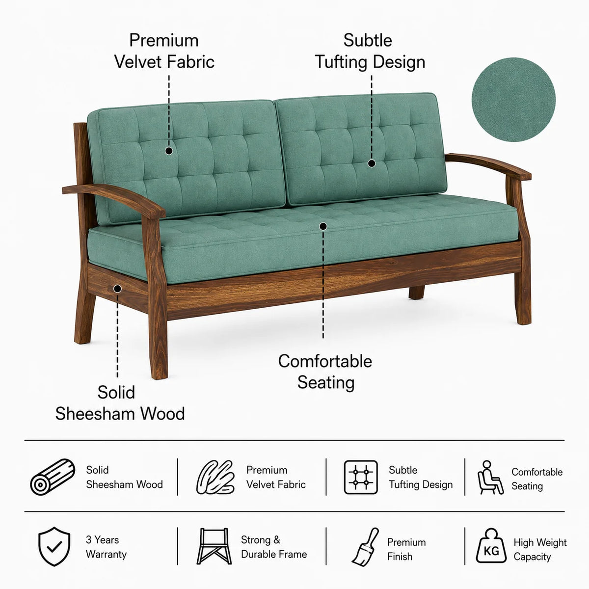 RAYON Solid Sheesham Wood 3 Seater Sofa - 3 Year Warranty (LUXE EDITION)