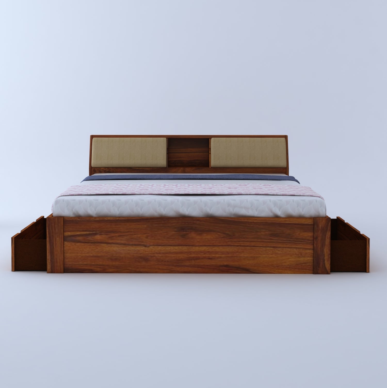 Mayor Solid Sheesham Wood Bed with Two Drawer Storage Natural - 3 Years Warranty