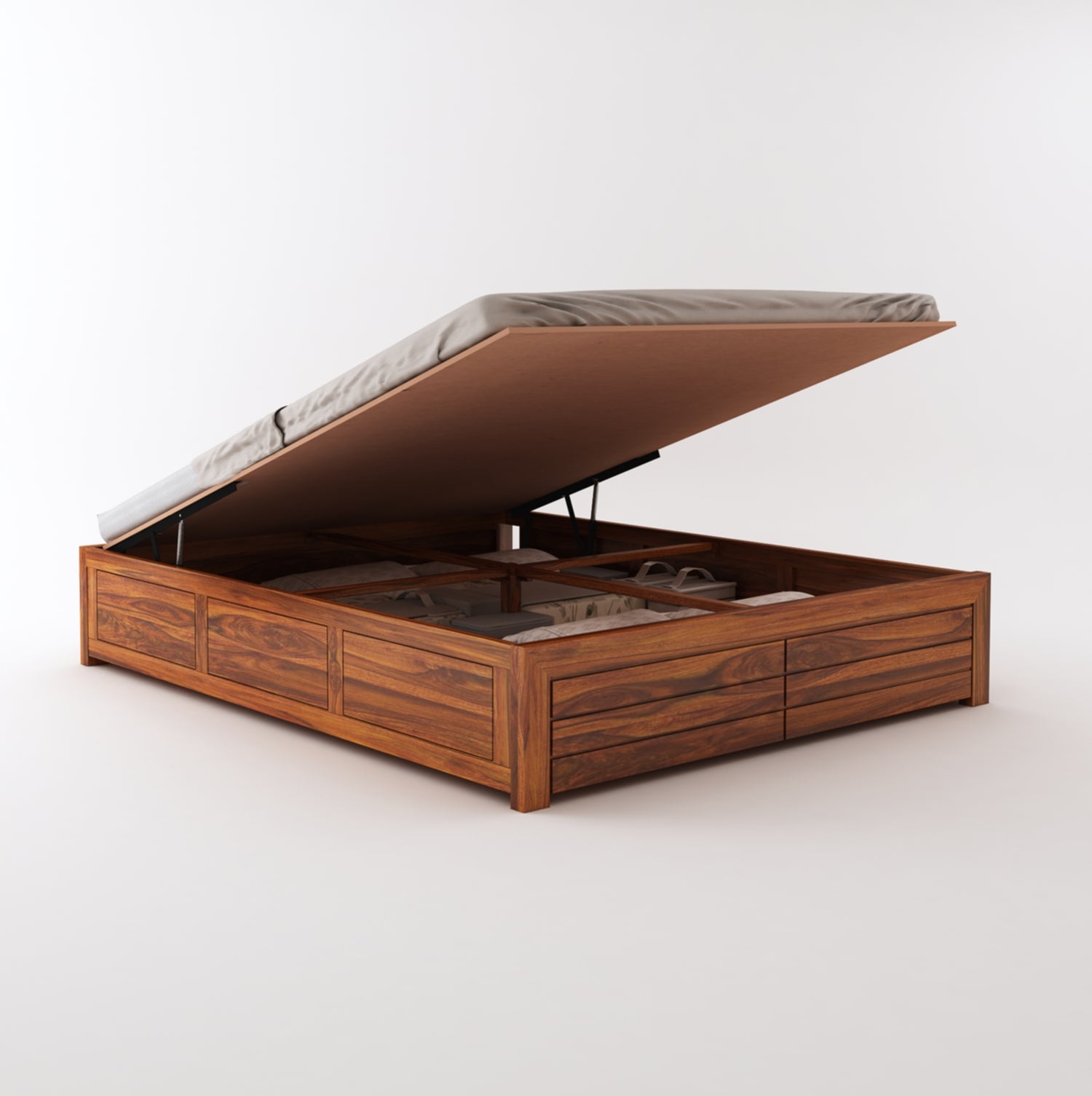 Italian Solid Sheesham Wood Bed With Hydraulic Storage Without Headboard - 3 Years Warranty