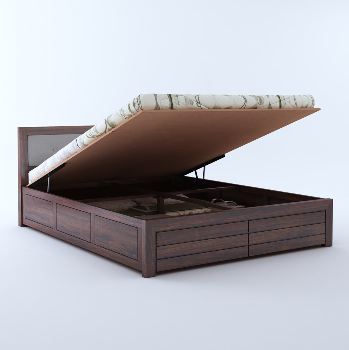 Euro Solid Sheesham Wood Bed with Hydraulic Storage and Upholstery Headboard - 3 Years Warranty