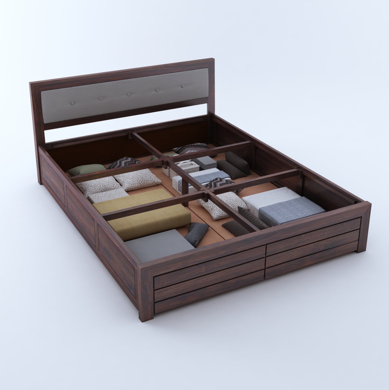 Euro Solid Sheesham Wood Bed with Box Storage and Upholstery Headboard -  3 Years Warranty