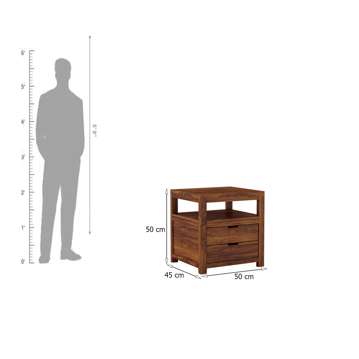 Rayon Solid Sheesham Wood Bedside Table With Two Drawer Storage -3 Years Warranty