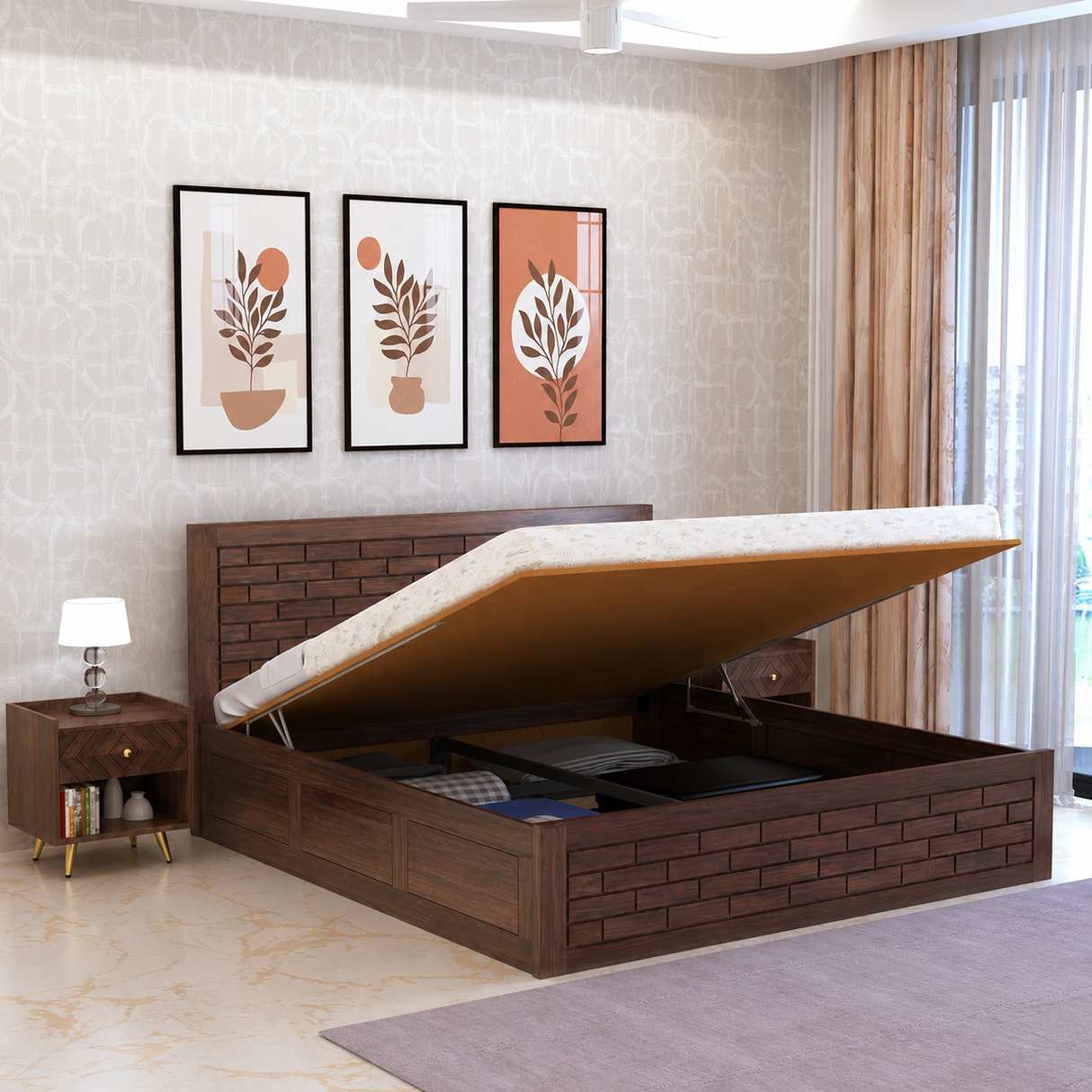 Italian Solid Sheesham Wood Bed with Hydraulic Box Storage FULL Headboard - 3 Years Warranty