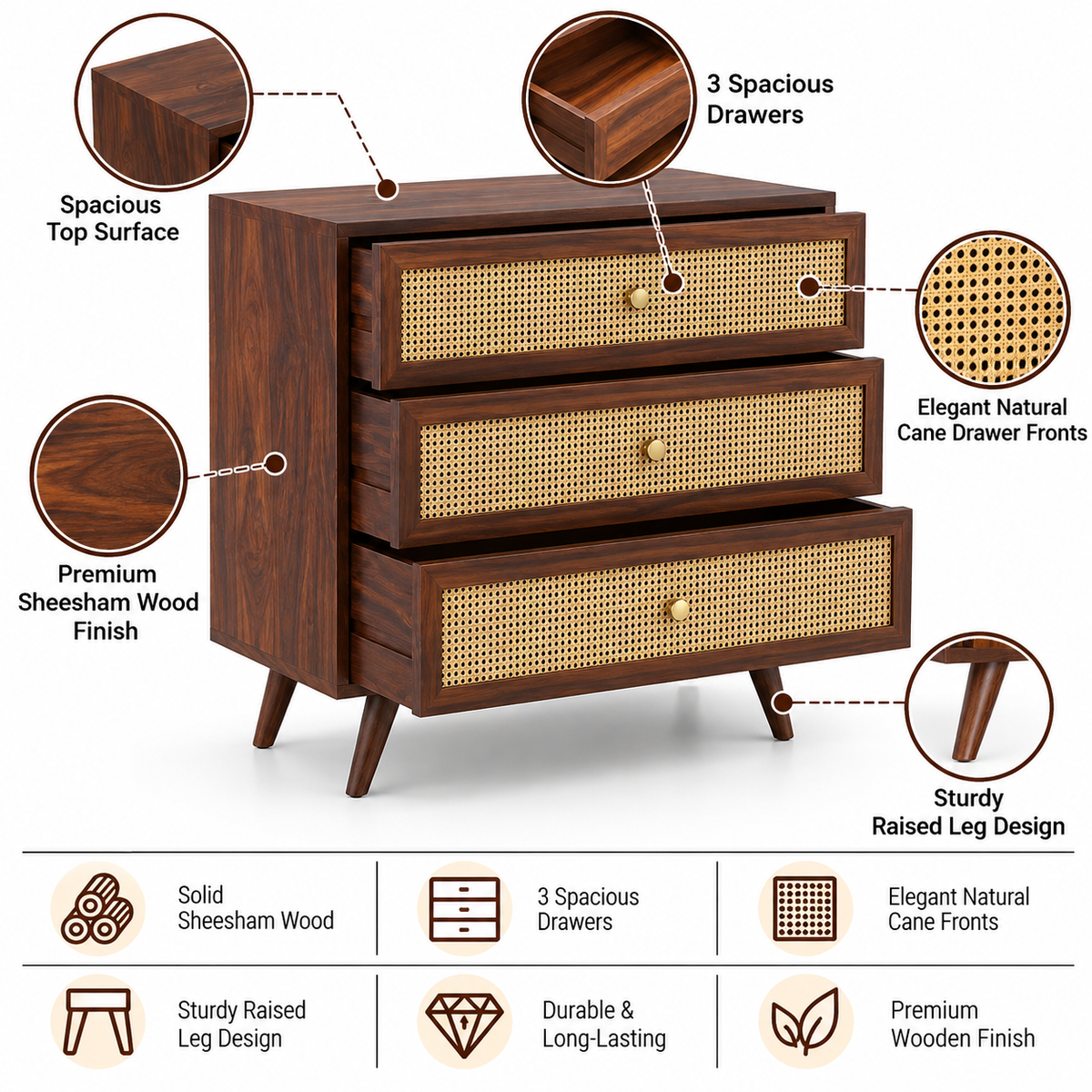 Syrus Solid Sheesham Wood Chest of Drawer - 3 Years Warranty