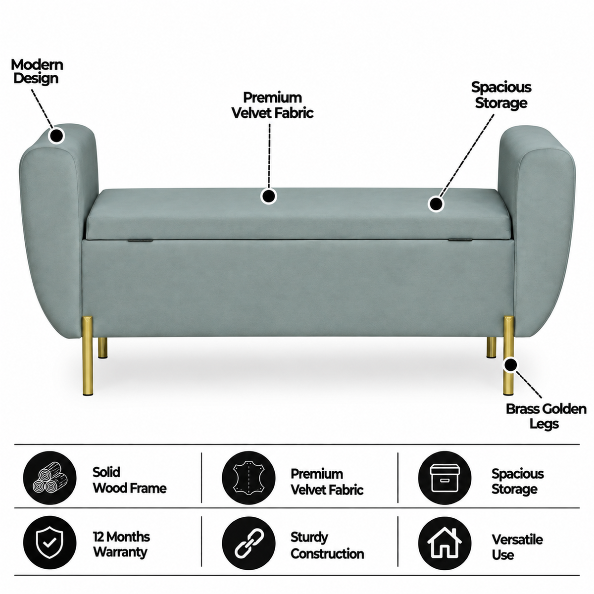ELLEY Upholstered Ottoman Bench With Storage - 12 Months Warranty(Grey)