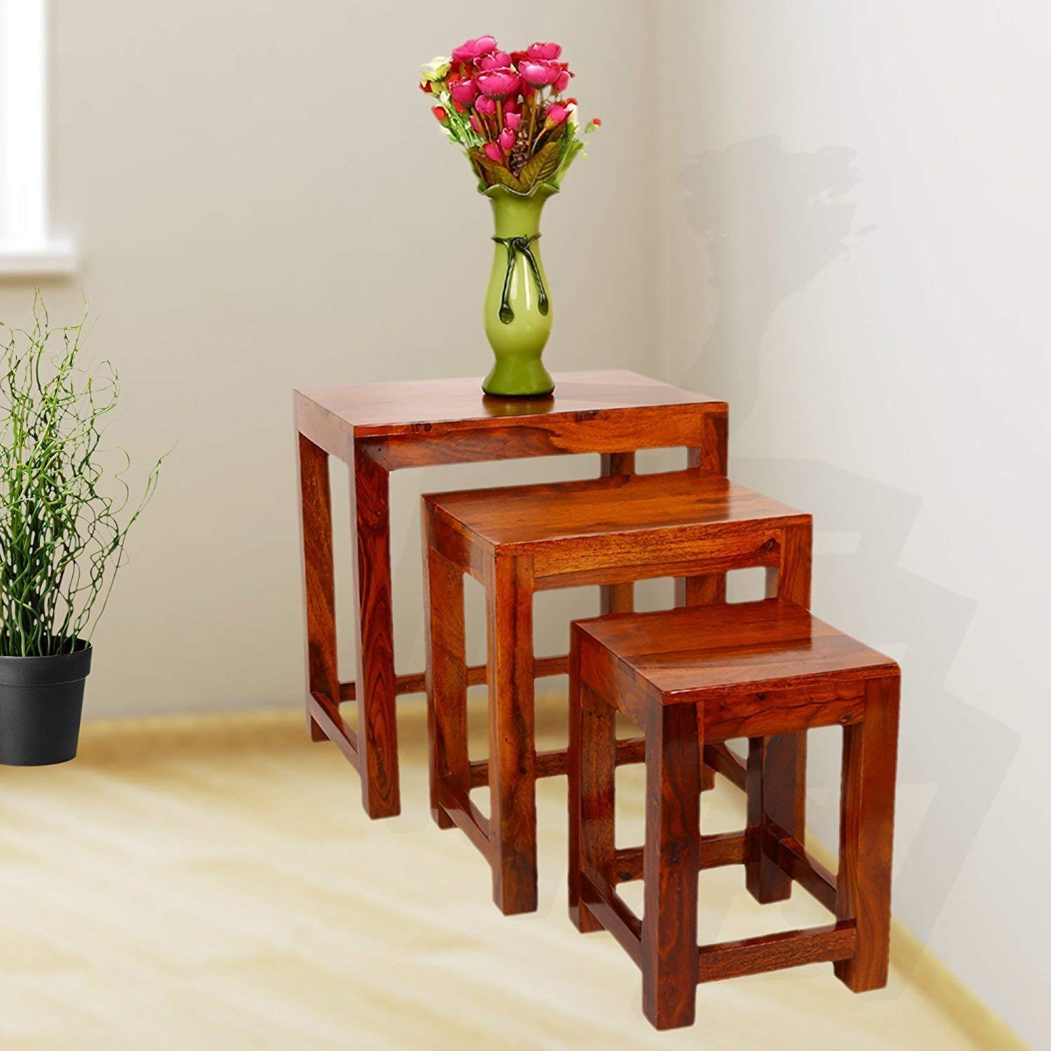 Foster Solid Sheesham Wood Nest of Stools - 3 Years Warranty