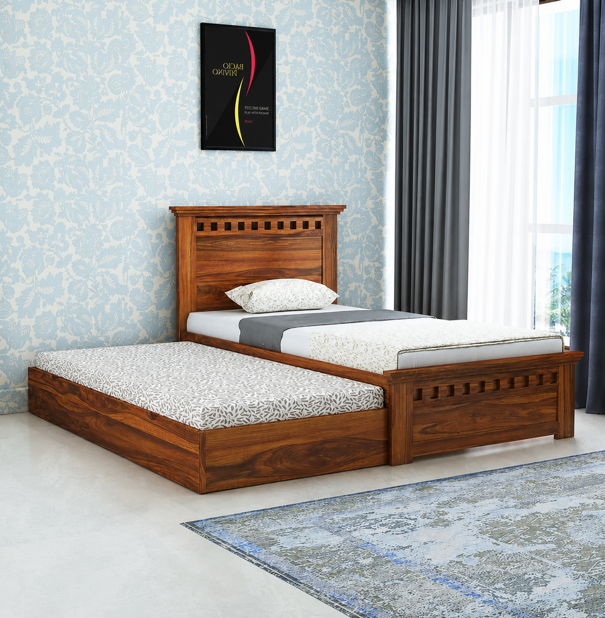 Armania Solid Sheesham Wood Single Trundle Bed With Storage - 3 Years Warranty