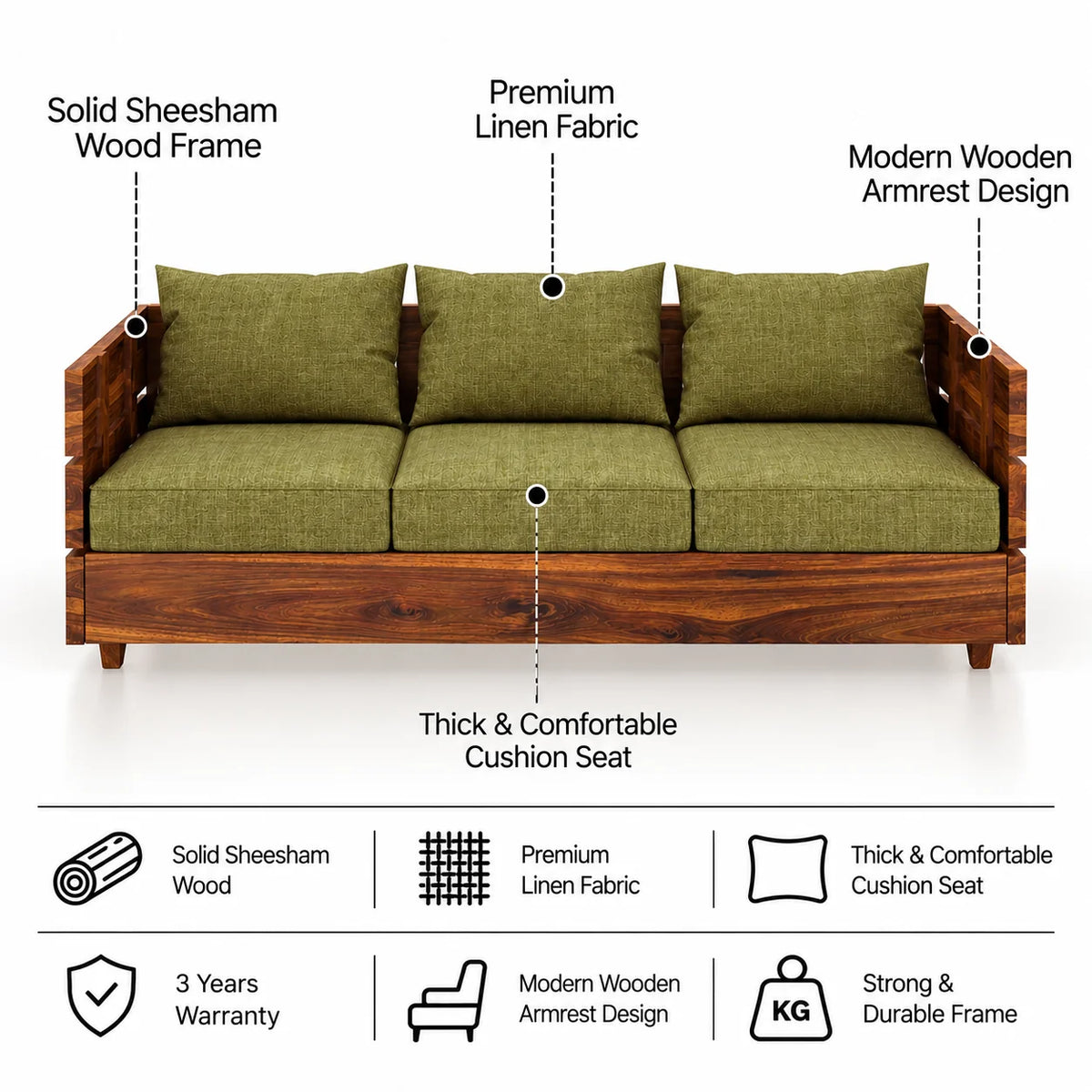 Cairo Solid Sheesham Wood 3 Seater Sofa - 3 Year Warranty (LUXE EDITION)