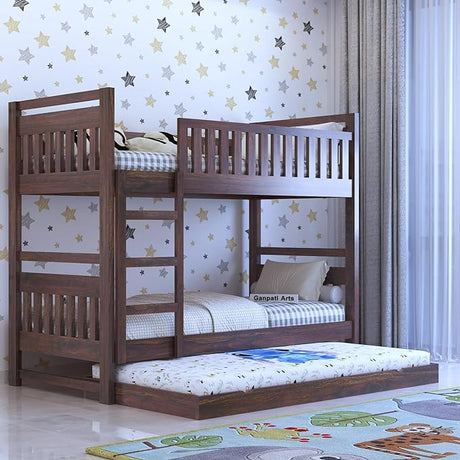 Swift Solid Sheesham Wood Bunk Bed With Ladder & Trundle Bed - 1 Year Warranty