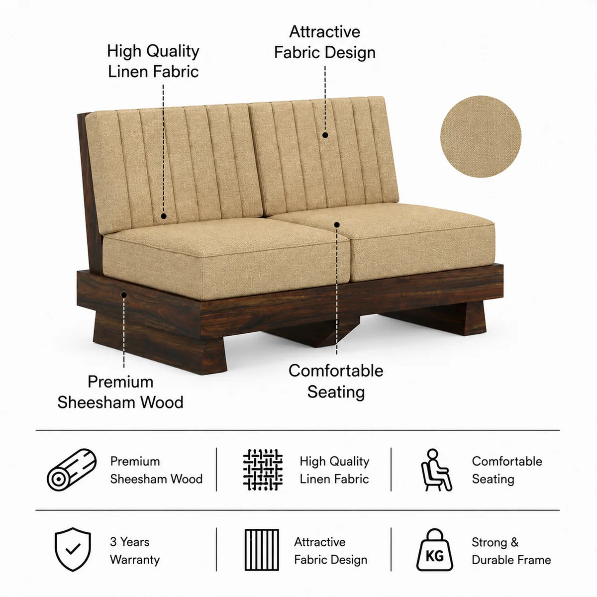 RONNY Solid Sheesham Wood 2 Seater Sofa - 3 Year Warranty (LUXE EDITION)