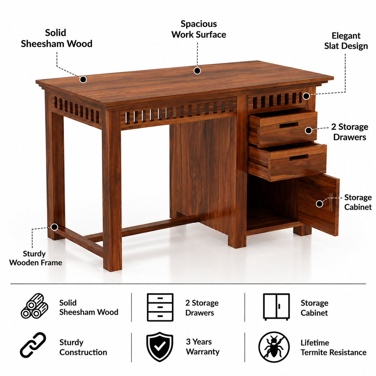 Armania Study Table with Storage in Solid Sheesham Wood - 3 Years Warranty
