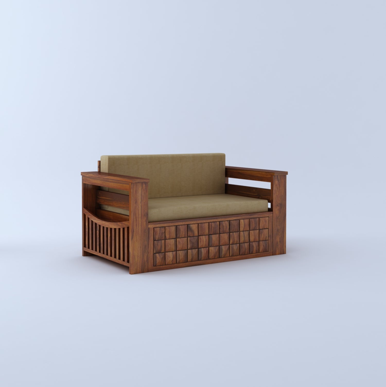 OSLO Solid Sheesham Wood 2 Seater Sofa Cum Bed With Headboard and Mini Storage - 3 Years Warranty