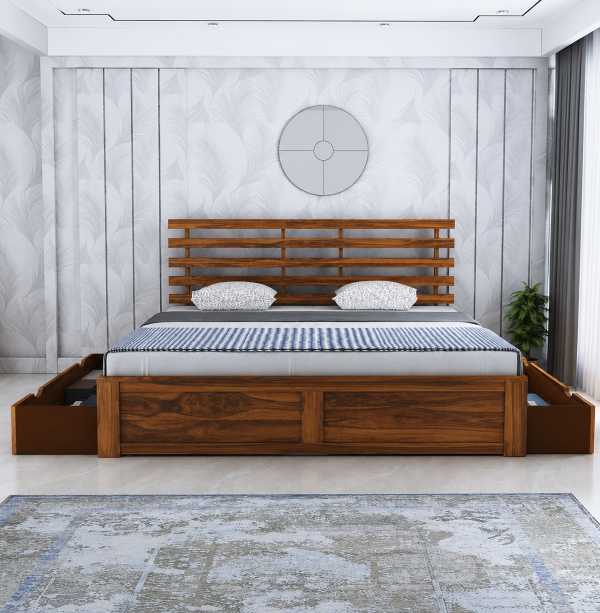 Strap Solid Sheesham Wood Bed With Two Drawer Storage - 3 Years Warranty