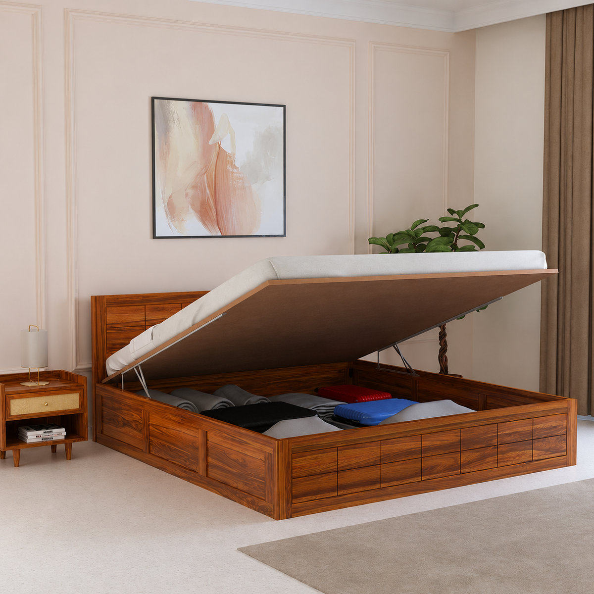 SKYLER Solid Sheesham Wood Hydraulic Storage Bed - 3 years Warranty