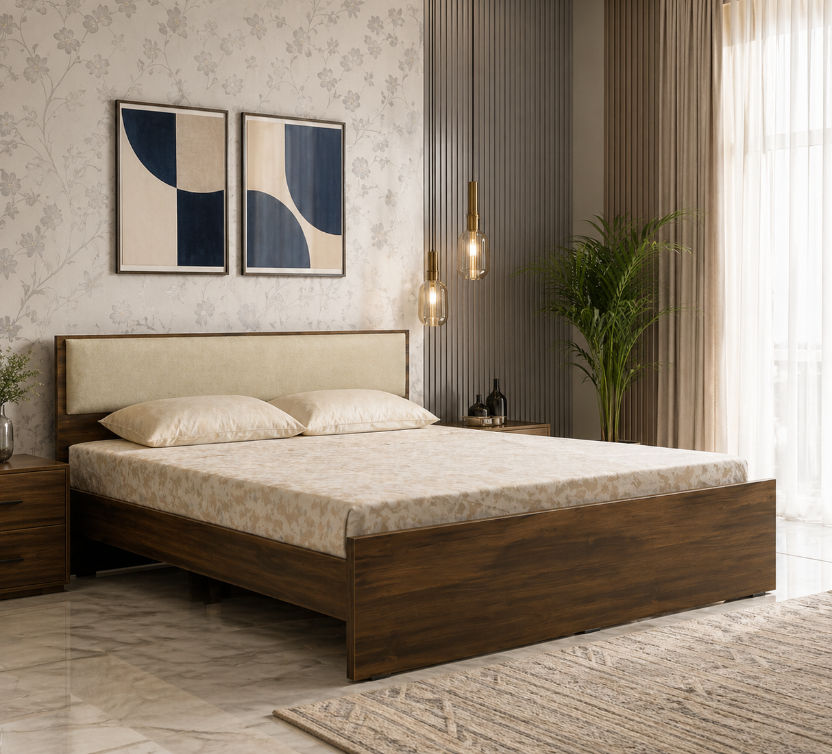 ALLEN Engineered Wood Bed Without Storage and Upholstered Headboard (Walnut) - 12 Months Warranty
